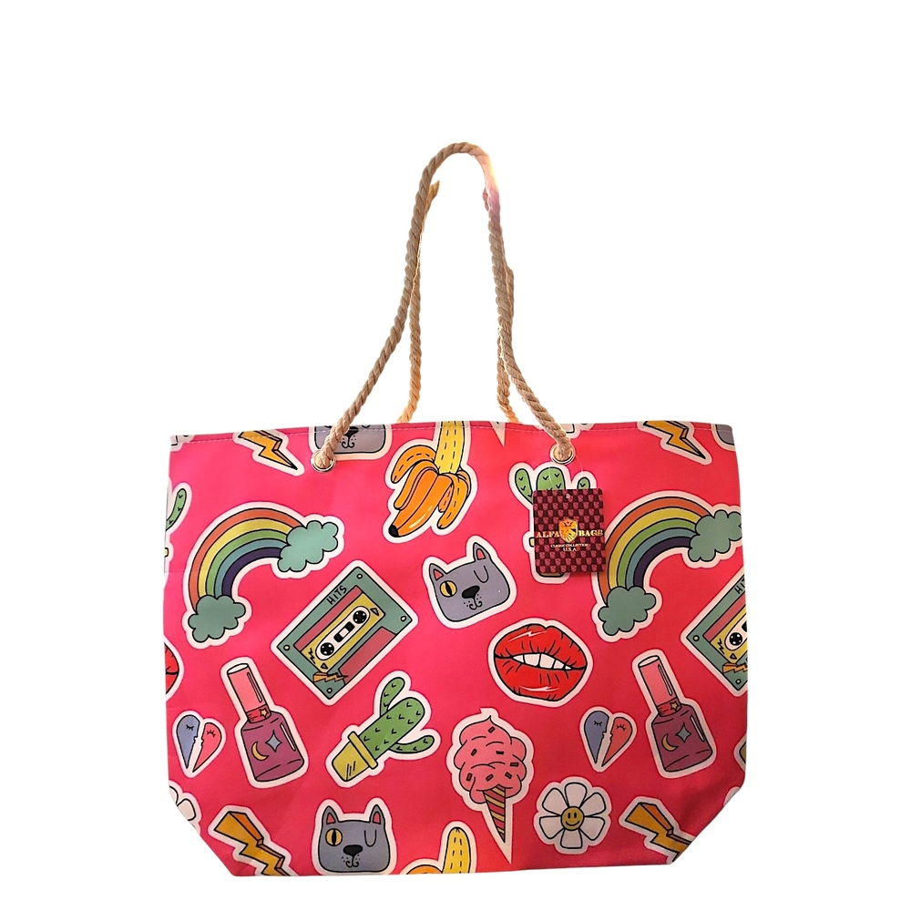 Playful ALFA Pink Beach Tote Bag with 90's Stickers